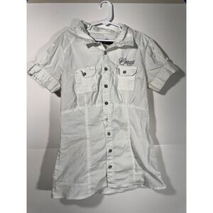 Vintage Coogi Button Up Shirt Womens Small White Rhinestone Logo Y2K Streetwear